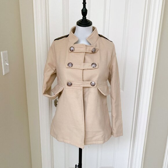 New Lady Women Beige Soft Fleece Retro Military Style Short Jacket Coat - Picture 7 of 7